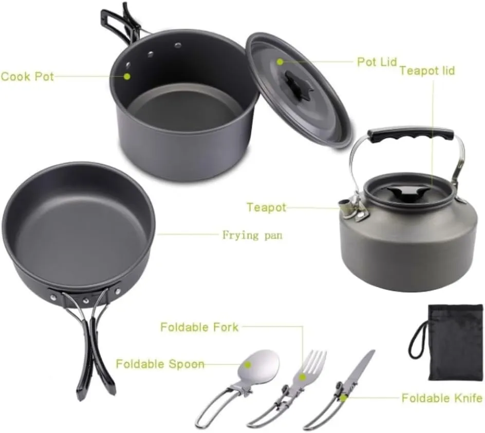 Camping Kitchen Utensil Outdoor Camping Hiking Cookware Utensils 2-3 People Portable Travel Picnic Teapot Pot Frying Pan Cooking for Outdoor Cooking(Black)