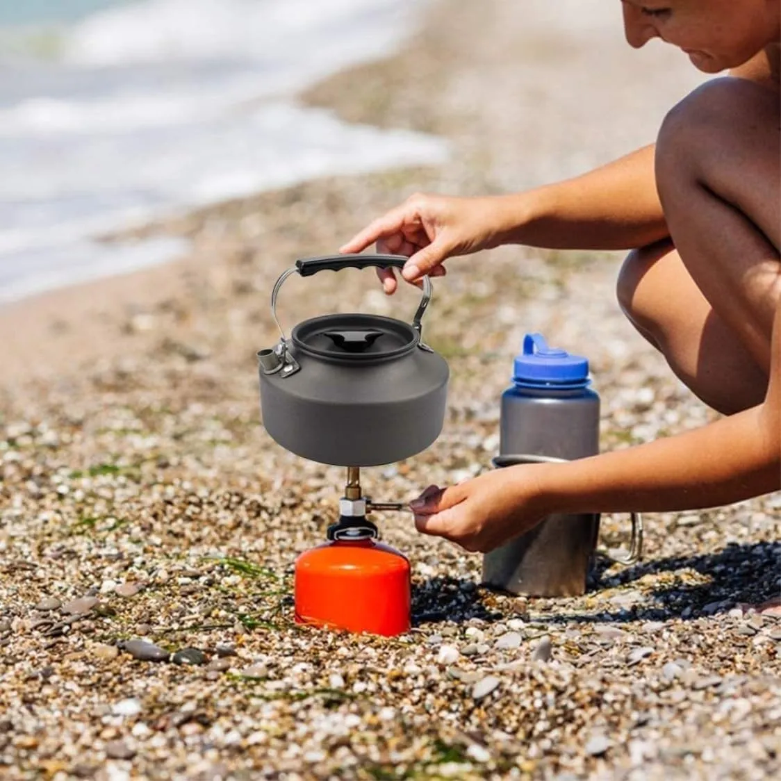 Camping Kitchen Utensil Outdoor Camping Hiking Cookware Utensils 2-3 People Portable Travel Picnic Teapot Pot Frying Pan Cooking for Outdoor Cooking(Black)