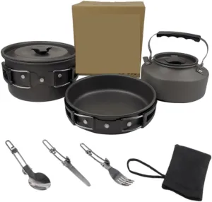 Camping Kitchen Utensil Outdoor Camping Hiking Cookware Utensils 2-3 People Portable Travel Picnic Teapot Pot Frying Pan Cooking for Outdoor Cooking(Black)