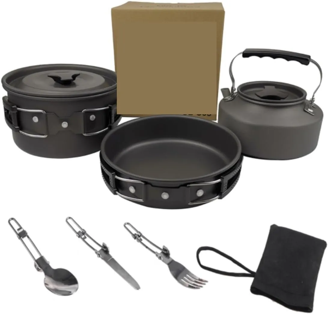 Camping Kitchen Utensil Outdoor Camping Hiking Cookware Utensils 2-3 People Portable Travel Picnic Teapot Pot Frying Pan Cooking for Outdoor Cooking(Black)