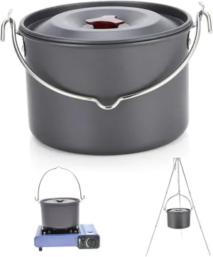 Camping Pot with Lid Outdoor Large Hanging Pot Picnic Camping Hot Pot Gray 4L Round Portable Lightweight Anti-Rust Cookware Cooking Equipment for Self-Driving Tour BBQ Picnic.