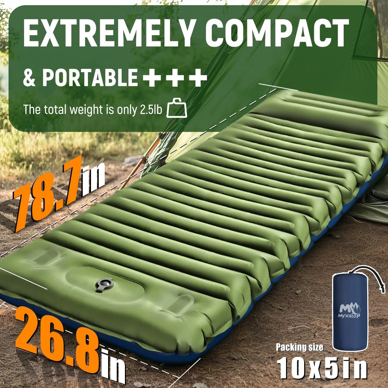 Camping Sleeping Pad, 5 Inch Thick Mat with Built-in Pillow, Foot Pump, Ultralight Inflatable for Camping, Backpacking, Hiking, Tent (Single,Green Blue)