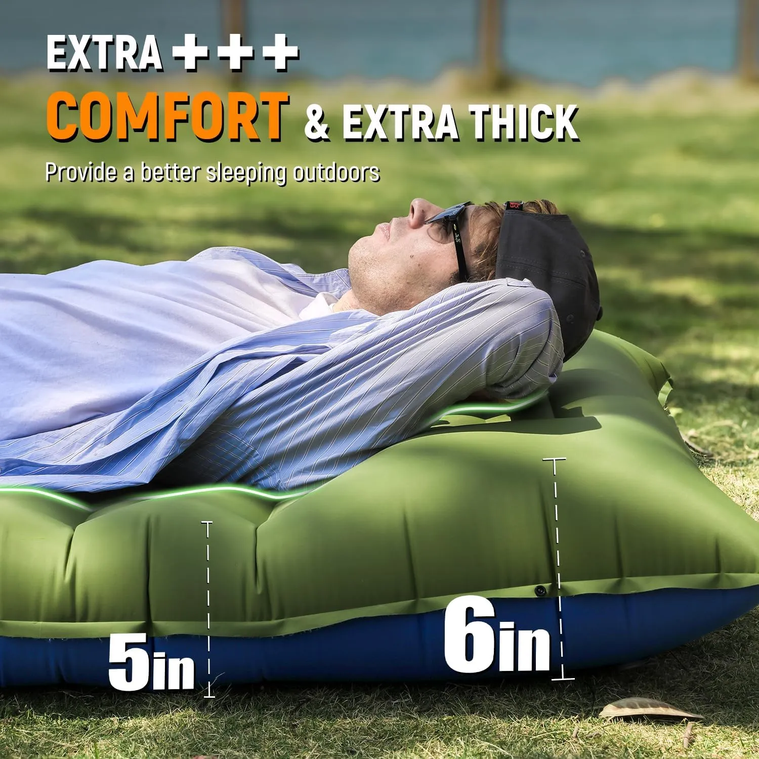 Camping Sleeping Pad, 5 Inch Thick Mat with Built-in Pillow, Foot Pump, Ultralight Inflatable for Camping, Backpacking, Hiking, Tent (Single,Green Blue)