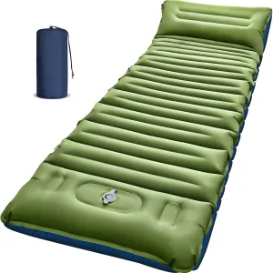 Camping Sleeping Pad, 5 Inch Thick Mat with Built-in Pillow, Foot Pump, Ultralight Inflatable for Camping, Backpacking, Hiking, Tent (Single,Green Blue)