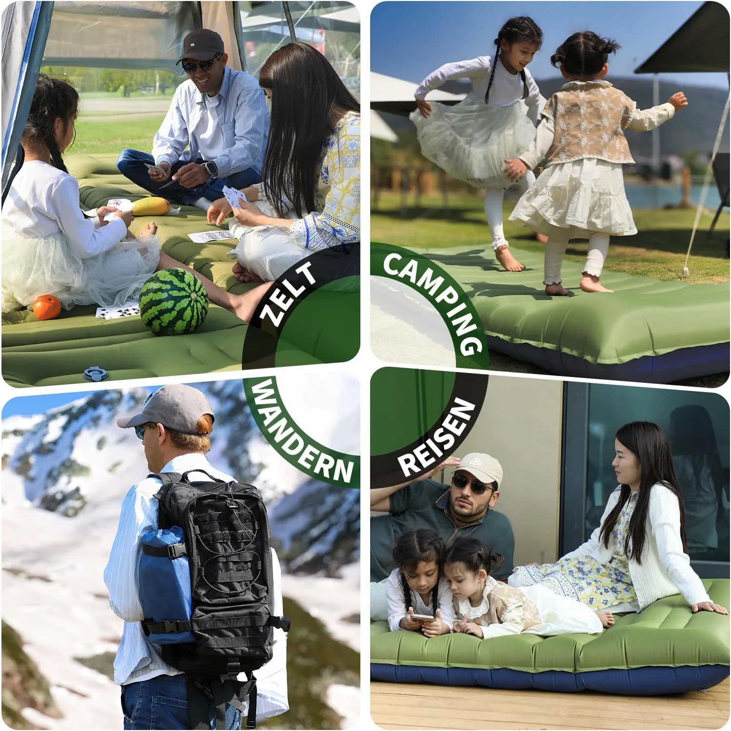 Camping Sleeping Pad, 5 Inch Thick Mat with Built-in Pillow, Foot Pump, Ultralight Inflatable for Camping, Backpacking, Hiking, Tent (Single,Green Blue)