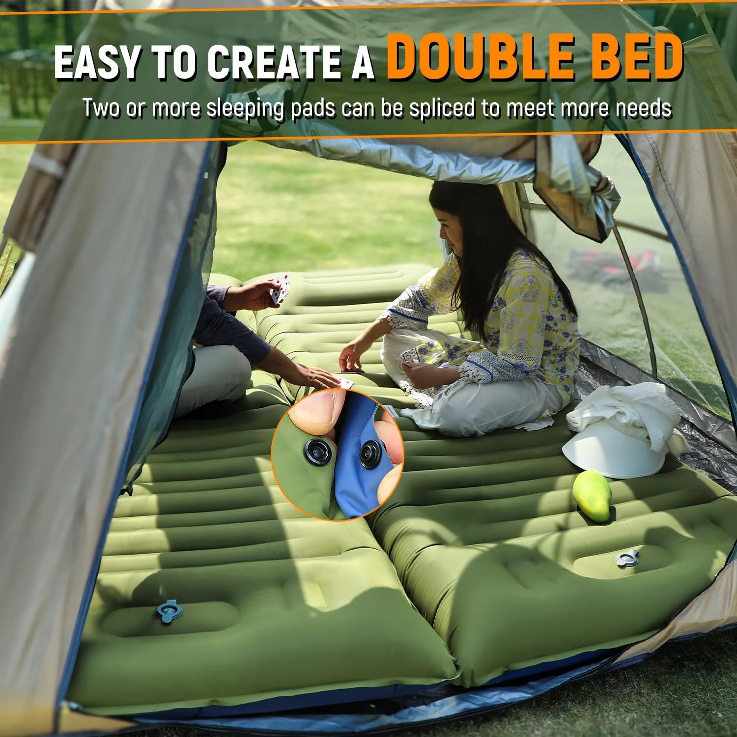 Camping Sleeping Pad, 5 Inch Thick Mat with Built-in Pillow, Foot Pump, Ultralight Inflatable for Camping, Backpacking, Hiking, Tent (Single,Green Blue)