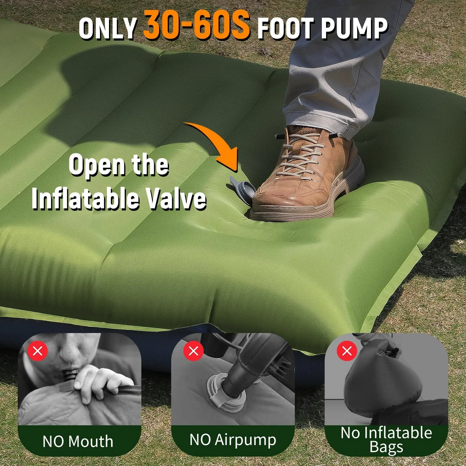 Camping Sleeping Pad, 5 Inch Thick Mat with Built-in Pillow, Foot Pump, Ultralight Inflatable for Camping, Backpacking, Hiking, Tent (Single,Green Blue)