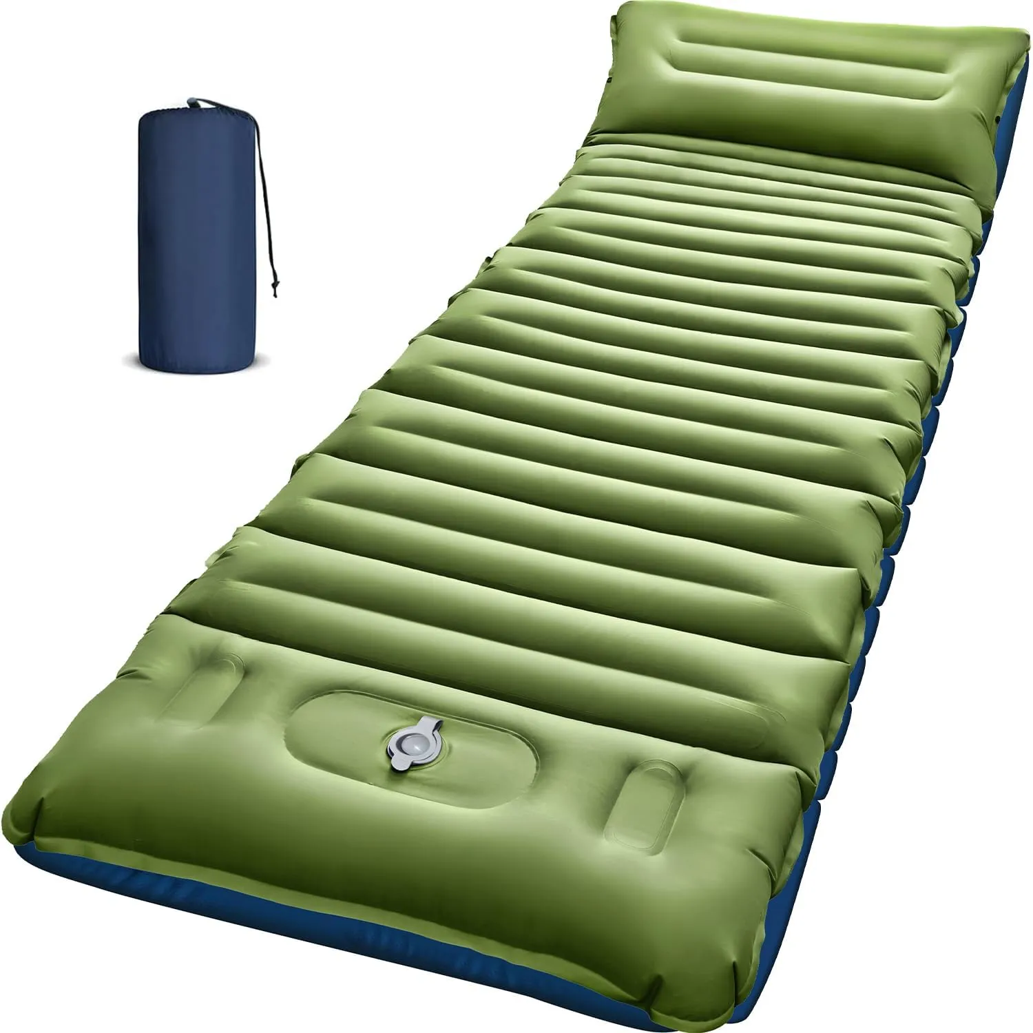 Camping Sleeping Pad, 5 Inch Thick Mat with Built-in Pillow, Foot Pump, Ultralight Inflatable for Camping, Backpacking, Hiking, Tent (Single,Green Blue)