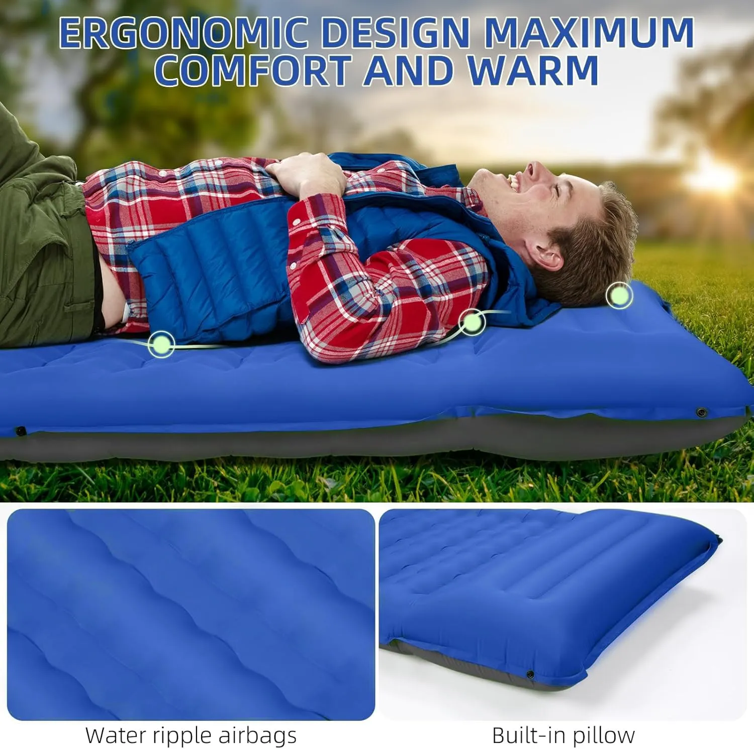 Camping Sleeping Pad, Extra Thick 5 Inch Camping Mat with Pillow Built-in Foot Pump Inflatable Sleeping Pads Compact for Camping Backpacking Hiking Traveling Tent（Blue Grey）