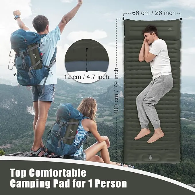 Camping Sleeping Pad, Extra Thickness 4.7 Inch Inflatable Sleeping Mat Lightweight Waterproof Camping with Built-in Pump Air Mattress for Backpacking, Hiking, Tent, Traveling