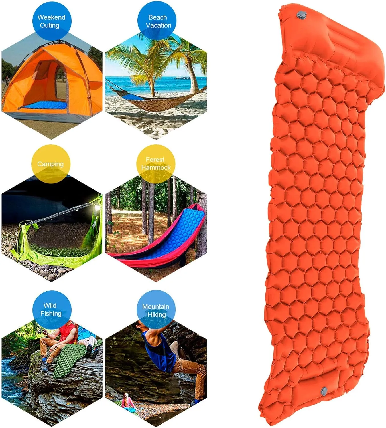 Camping Sleeping Pad Mat, Foot Press Inflatable Cushion Mattress, Sturdy 40D Nylon Fabric, TPU Laminate, for Tent Hiking Travel, Lightweight Compact, Easy to Store (Orange)