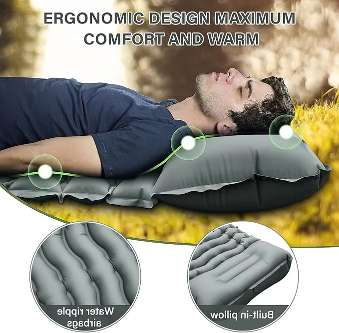 Camping Sleeping Pad, Ultralight Camping Mat with Pillow Built-in Foot Pump Inflatable Sleeping Pads Compact for Camping Backpacking Hiking Traveling - Gray