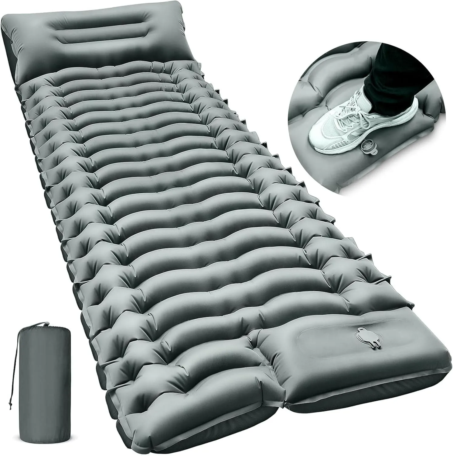 Camping Sleeping Pad with Pillow Built-in Foot Pump Inflatable Sleeping Pads Compact for Camping Backpacking Hiking Traveling - Gray