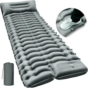 Camping Sleeping Pad with Pillow Built-in Foot Pump Inflatable Sleeping Pads Compact for Camping Backpacking Hiking Traveling - Gray