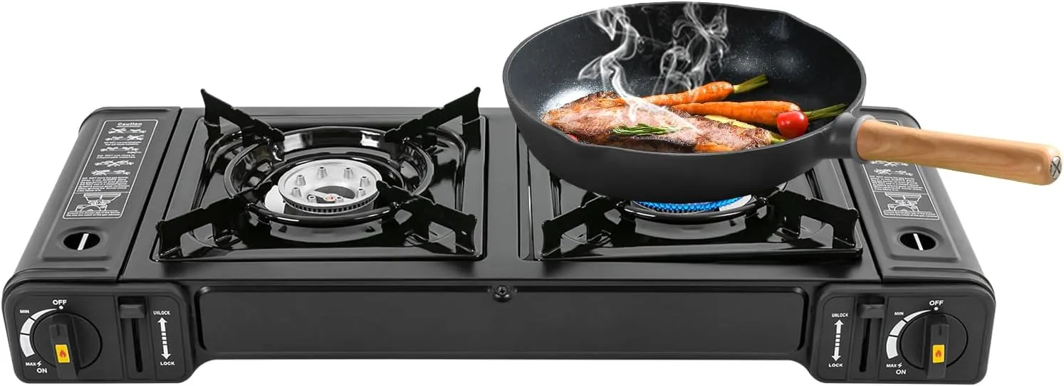 Camping Stove, 2 Burners Butane Stove w/Grill, Carrying Case, Auto Ignition & Over-Temperature Protection, Portable Gas Stoves for RV, Apartments, Outdoor Cooking (Upgraded Model with Grill)