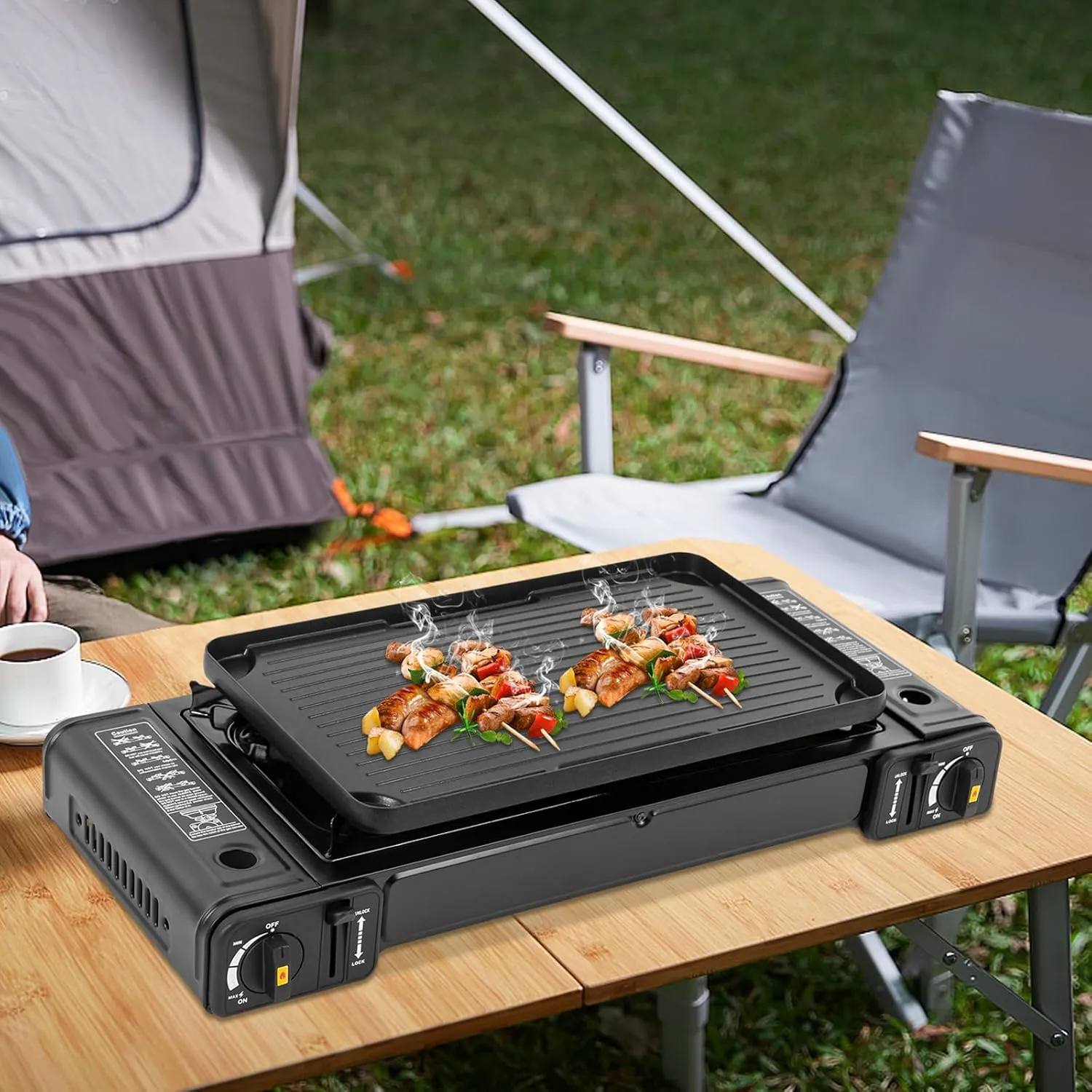 Camping Stove, 2 Burners Butane Stove w/Grill, Carrying Case, Auto Ignition & Over-Temperature Protection, Portable Gas Stoves for RV, Apartments, Outdoor Cooking (Upgraded Model with Grill)