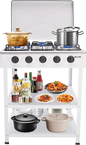 Camping Stove, Portable Natural Gas Stove with 5 Burners and Support Leg Stand and Wind Blocking Cover Adapter Removable Storage Stand for Camping Picnic Home RV Cooking (White)