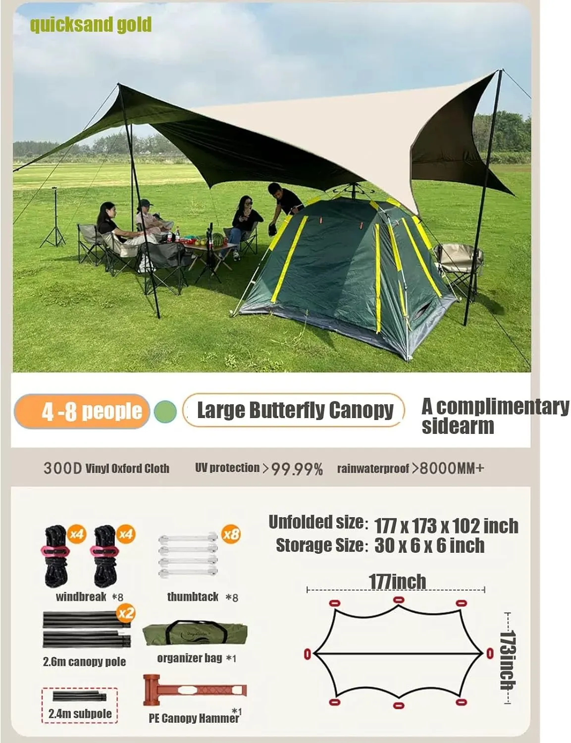 Camping Tarp, 18×15ft Tarp with Poles, Lightweight Awning Sunshade, Portable Multifunctional Backpacking Tarp, Ideal to Enjoy with Family and Friends (Color : Beach Gold, Size : 177x173x102inch)