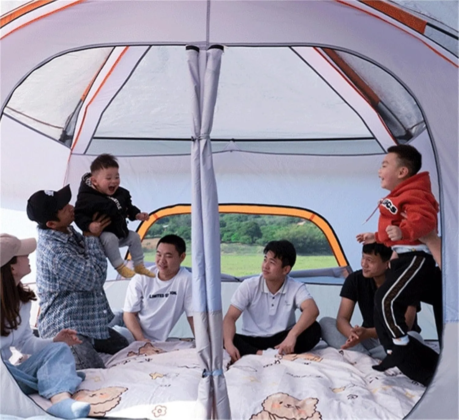 Camping Tent Outdoor Two-Bedroom One-Living Room Large Tent Windproof and Rainproof Tent(Orange,Small)