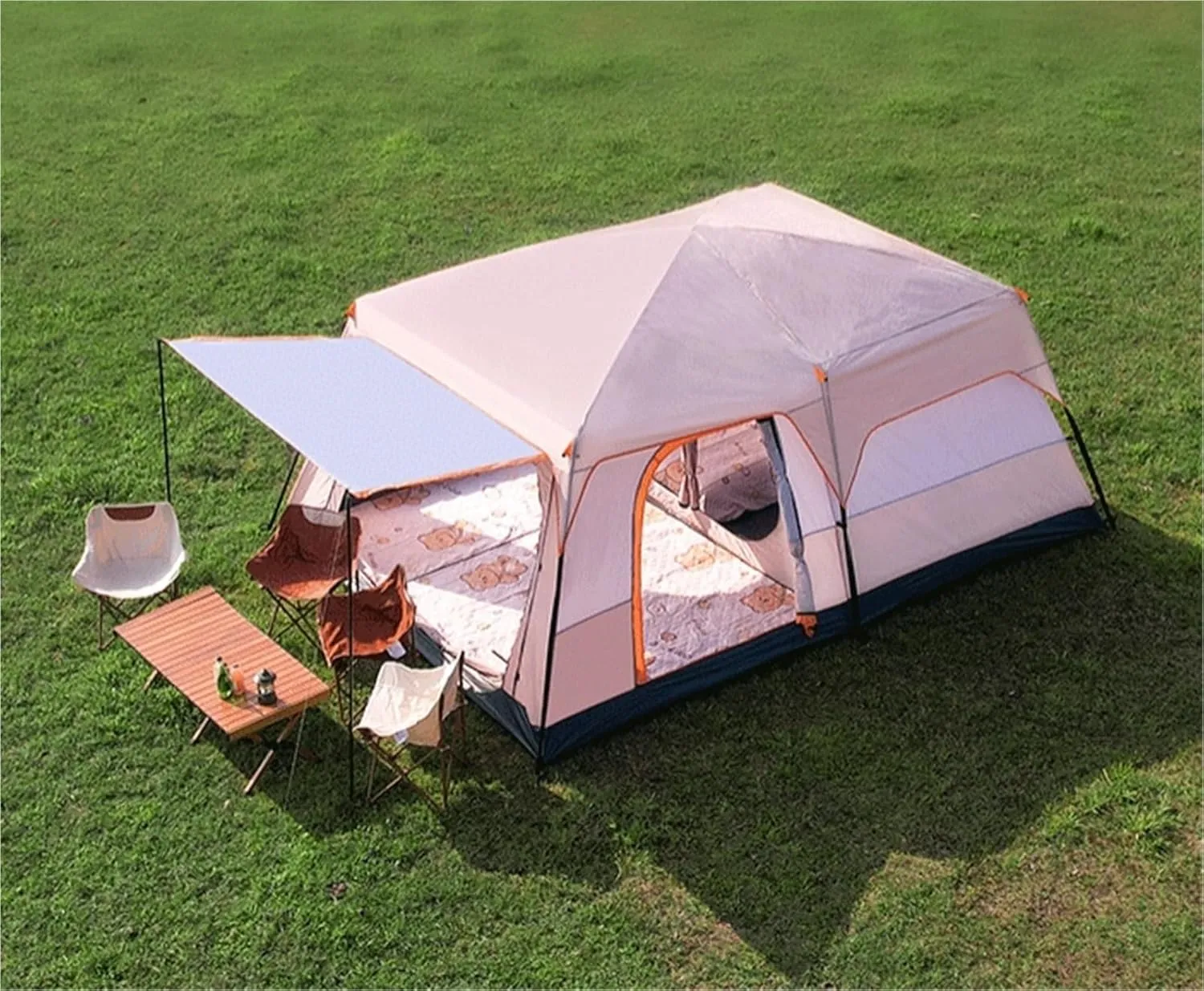 Camping Tent Outdoor Two-Bedroom One-Living Room Large Tent Windproof and Rainproof Tent(Orange,Small)