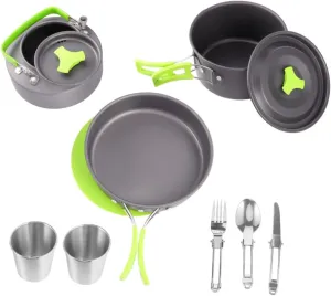 Camping Utensil Kit 12-Piece Mess Kit Teapot Portable Cooking Tools Aluminum Alloy Utensil Set for Outdoor Camping