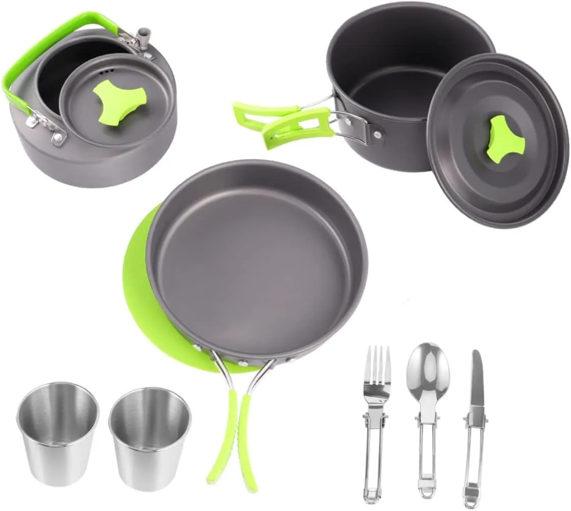 Camping Utensil Kit 12-Piece Mess Kit Teapot Portable Cooking Tools Aluminum Alloy Utensil Set for Outdoor Camping