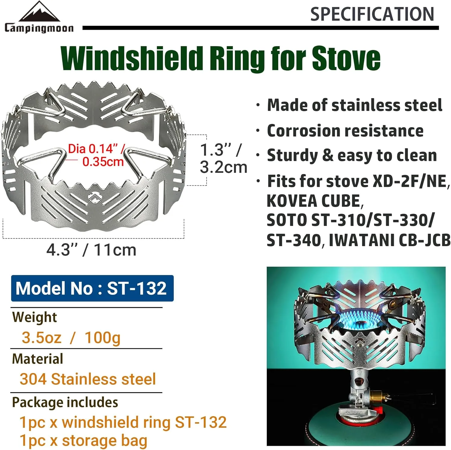 CAMPINGMOON Gas Stove Windshield Ring Stainless Steel for ST-340 Single Burner ST-132 (Silver)