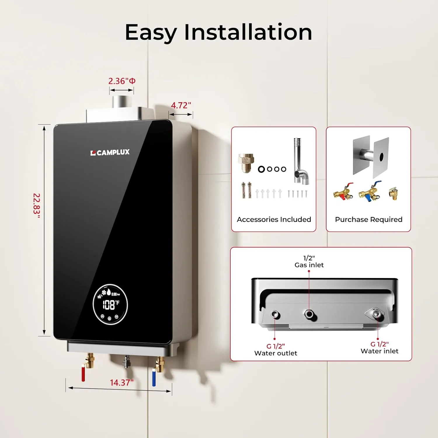 CAMPLUX Propane Tankless Water Heater, Instant Hot Water Heater, 3.18 GPM On Demand, Propane, Indoor, Black