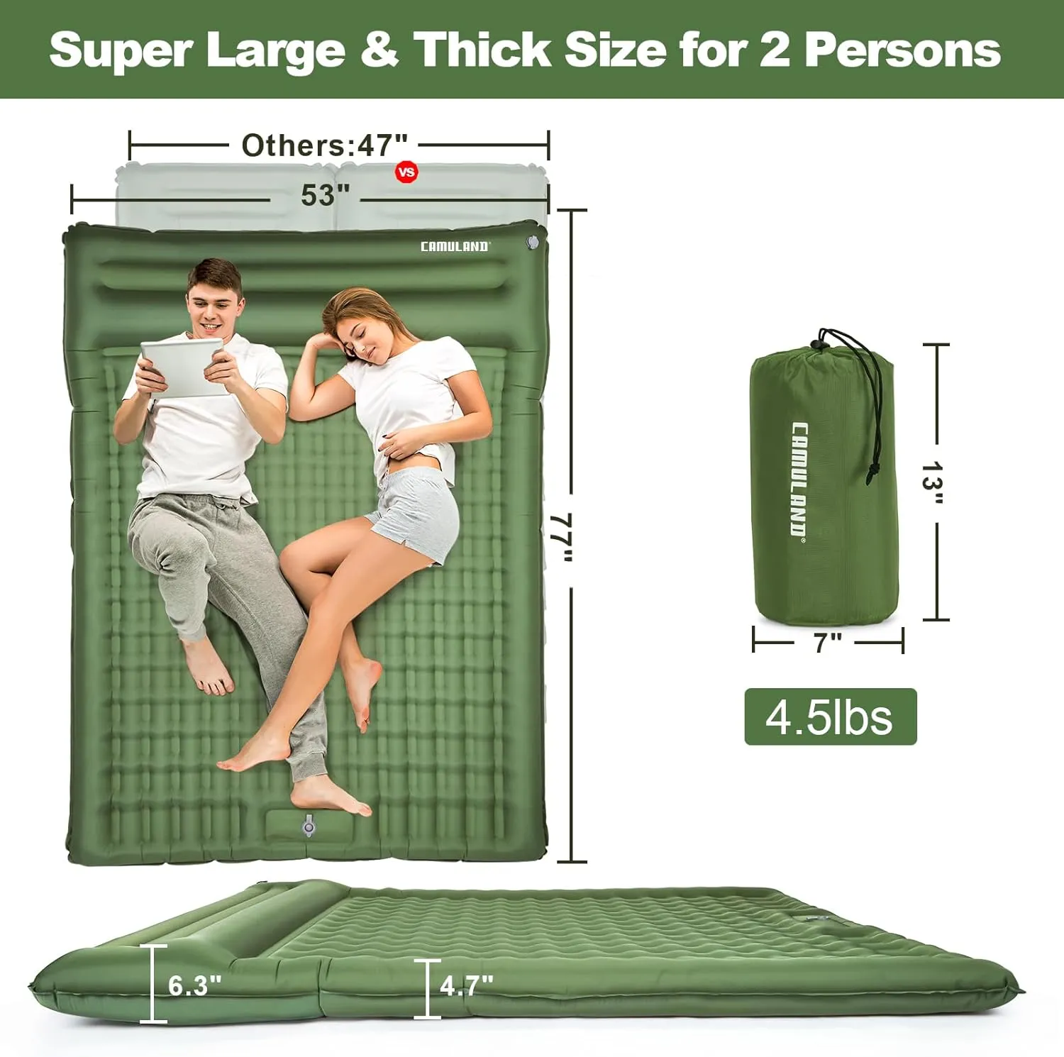 CAMULAND Double Camping Sleeping Pad, 4.7" Ultra-Thick Self Inflating 2 Person Inflatable Mat with Built-in Pillow Foot Pump, Waterproof for Backpacking, Hiking, Tent, RV Travel,Olive Green