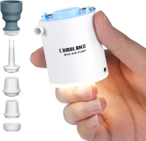 CAMULAND Mini Air Pump, Sleeping Pad Pump Portable Air Pump for Inflatable with 1300mAh Battery USB Rechargeable Camping Light 5 Nozzles for Air Mattress, Pool Floats,Vacuum Storage Bag