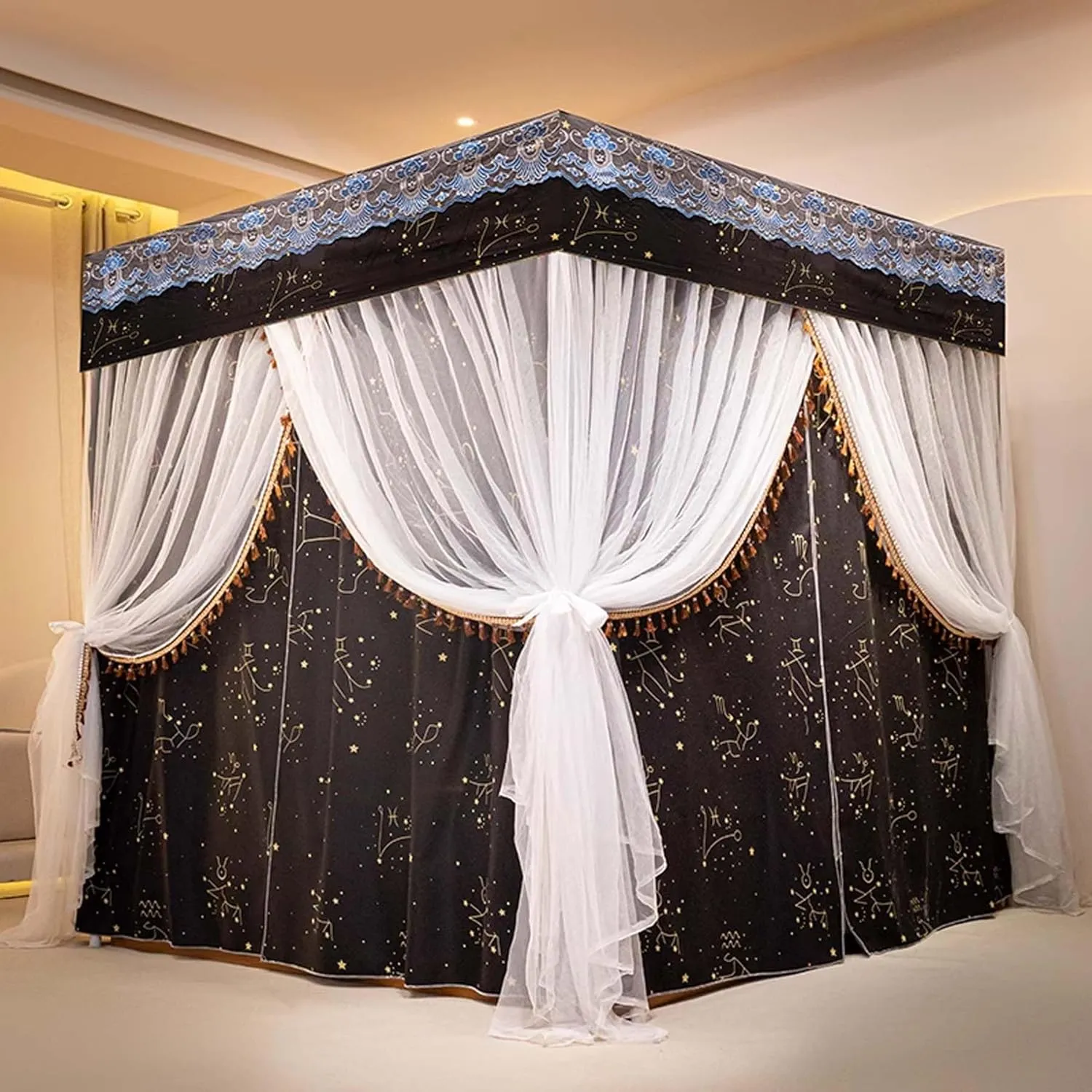 Canopy Curtain Bed Frame Stainless Steel Canopy Bed Frame Post Four Corner Post Bed Netting Canopy for Bedroom Decoration,B,Twin