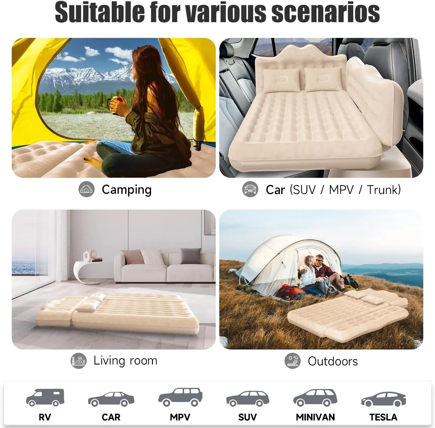 Car Air Mattress, Inflatable SUV Truck Air Mattress Back Seat Camping Bed Thickened Car Sleeping Pad for Travel, Car Bed SUV Mattress with Car Air Pump 2 Pillows