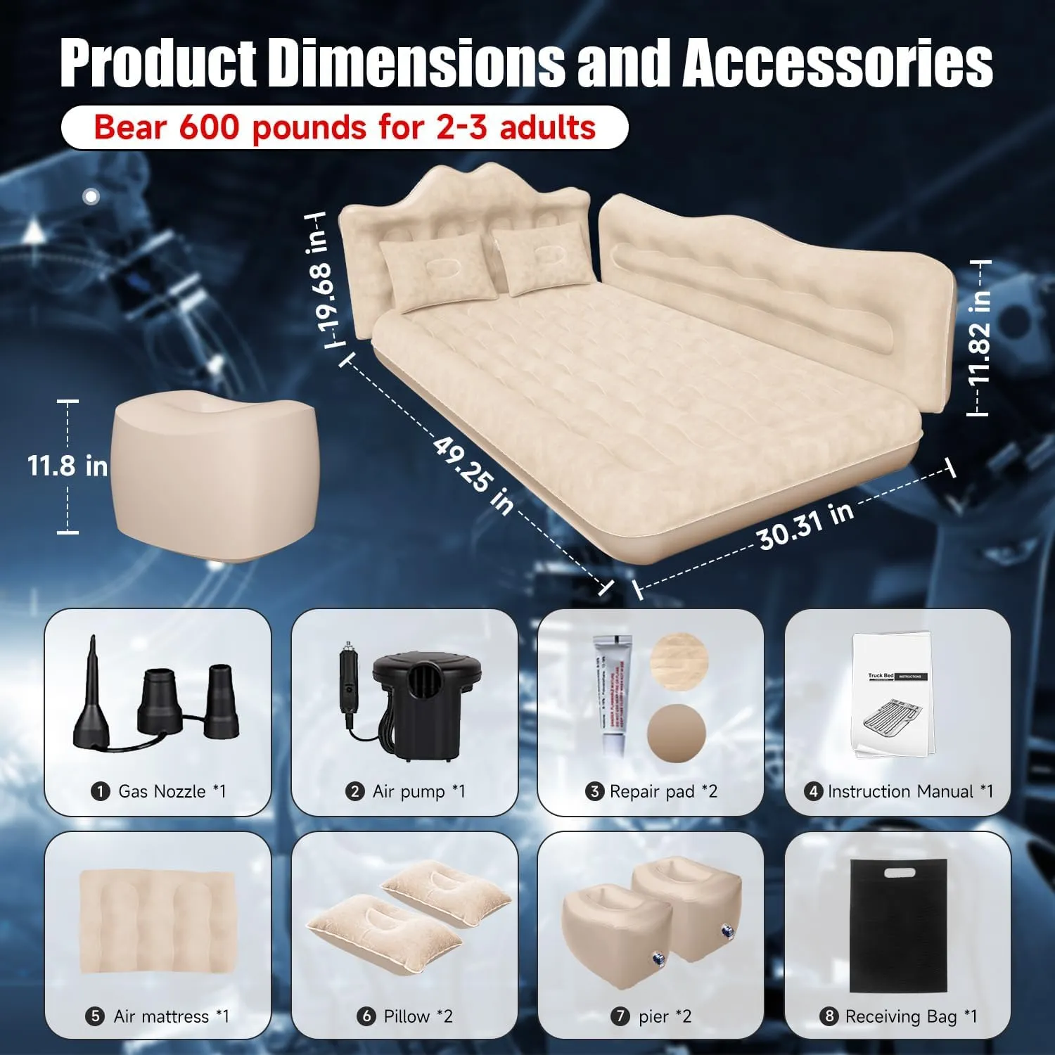 Car Air Mattress, Inflatable SUV Truck Air Mattress Back Seat Camping Bed Thickened Car Sleeping Pad for Travel, Car Bed SUV Mattress with Car Air Pump 2 Pillows