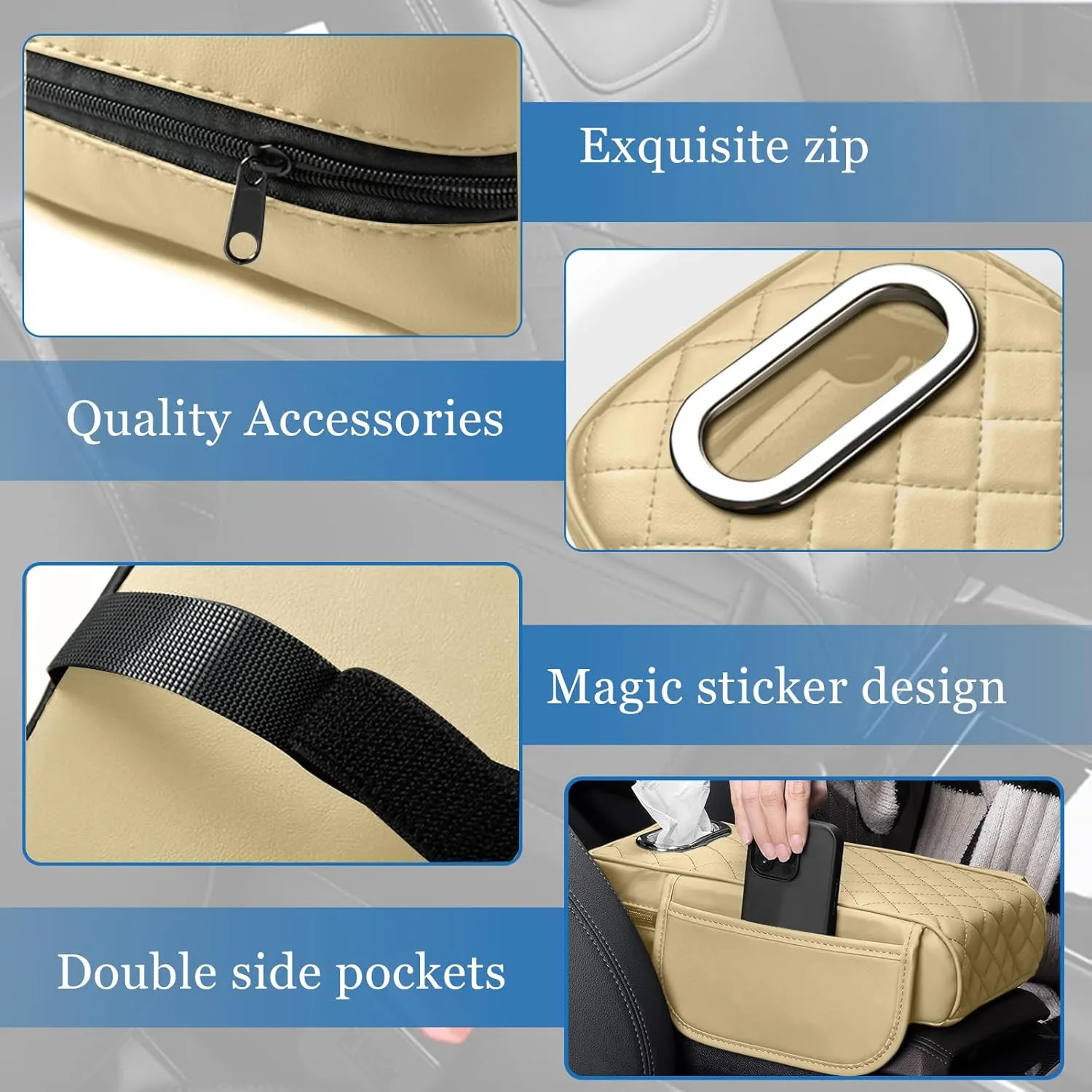 Car Center Console Cover, 13"×7.09"×2.95" Leather Car Armrest Cover with Pockets & Tissue Box, Comfortable Auto Armrest Cushion, Universal Arm Rest Protector for Car SUV Truck (Beige)