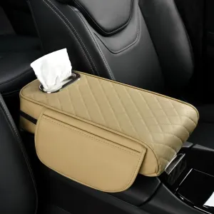 Car Center Console Cover, 13"×7.09"×2.95" Leather Car Armrest Cover with Pockets & Tissue Box, Comfortable Auto Armrest Cushion, Universal Arm Rest Protector for Car SUV Truck (Beige)