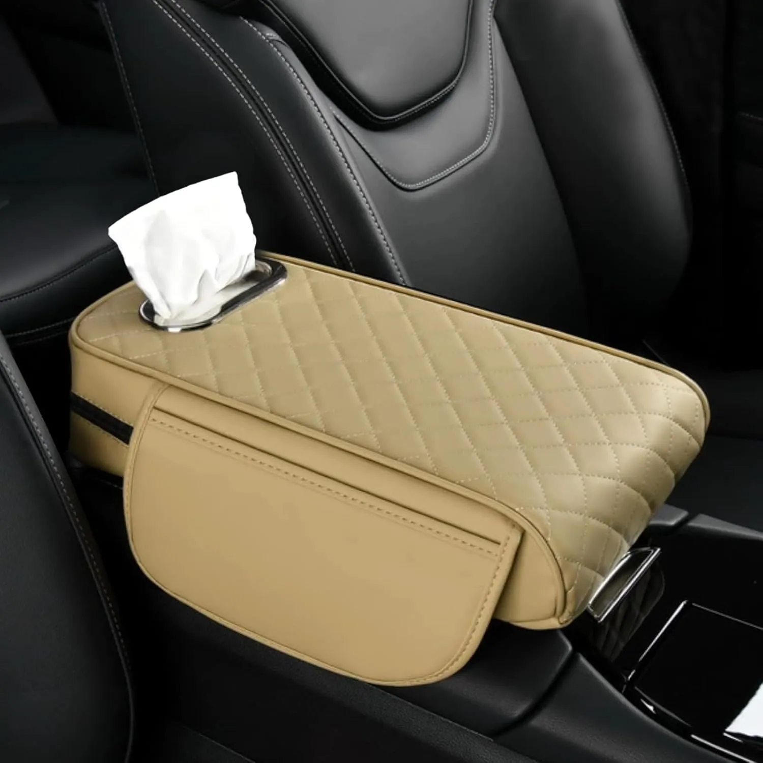 Car Center Console Cover, 13"×7.09"×2.95" Leather Car Armrest Cover with Pockets & Tissue Box, Comfortable Auto Armrest Cushion, Universal Arm Rest Protector for Car SUV Truck (Beige)