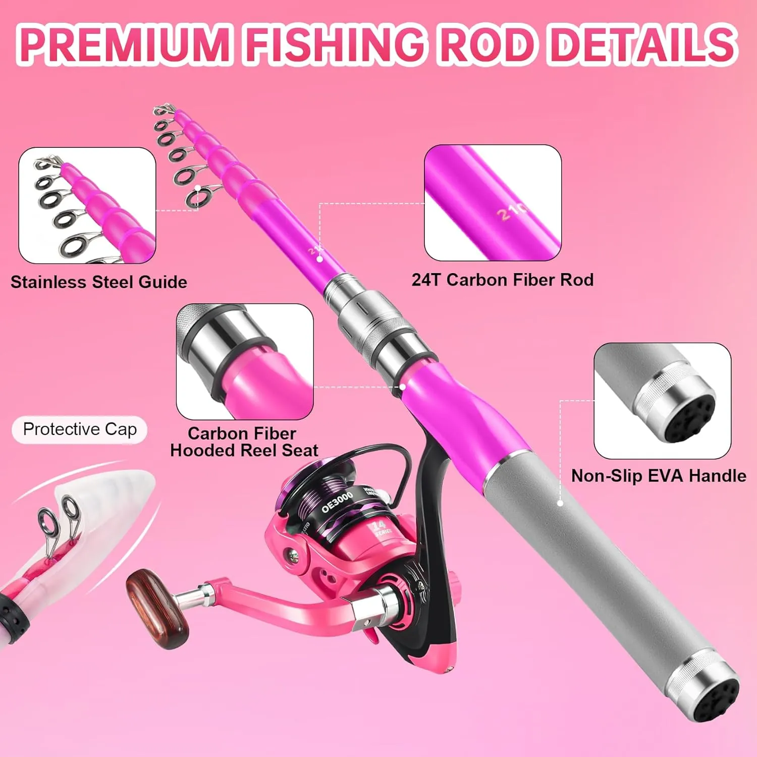 Carbon Fiber Fishing Rod and Reel Combos, Portable Telescopic Fishing Pole with Spinning Reel, Travel Bag for Saltwater Freshwater