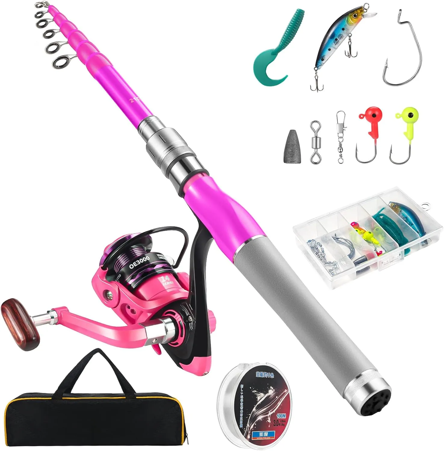 Carbon Fiber Fishing Rod and Reel Combos, Portable Telescopic Fishing Pole with Spinning Reel, Travel Bag for Saltwater Freshwater
