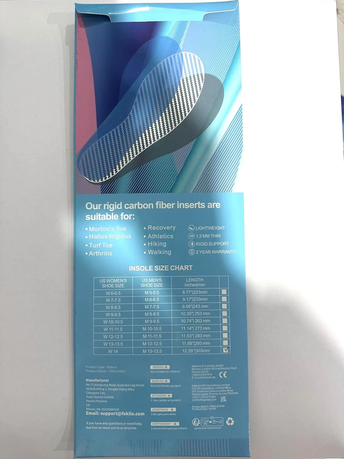 Carbon Fiber Insole 1 Piece, FAKILO Carbon Fiber Foot Plate Shoes Insert for Women Men, Rigid Support for Hallux Rigidus, Turf Toe, Foot Fractures, Mortons Toe - 233mm