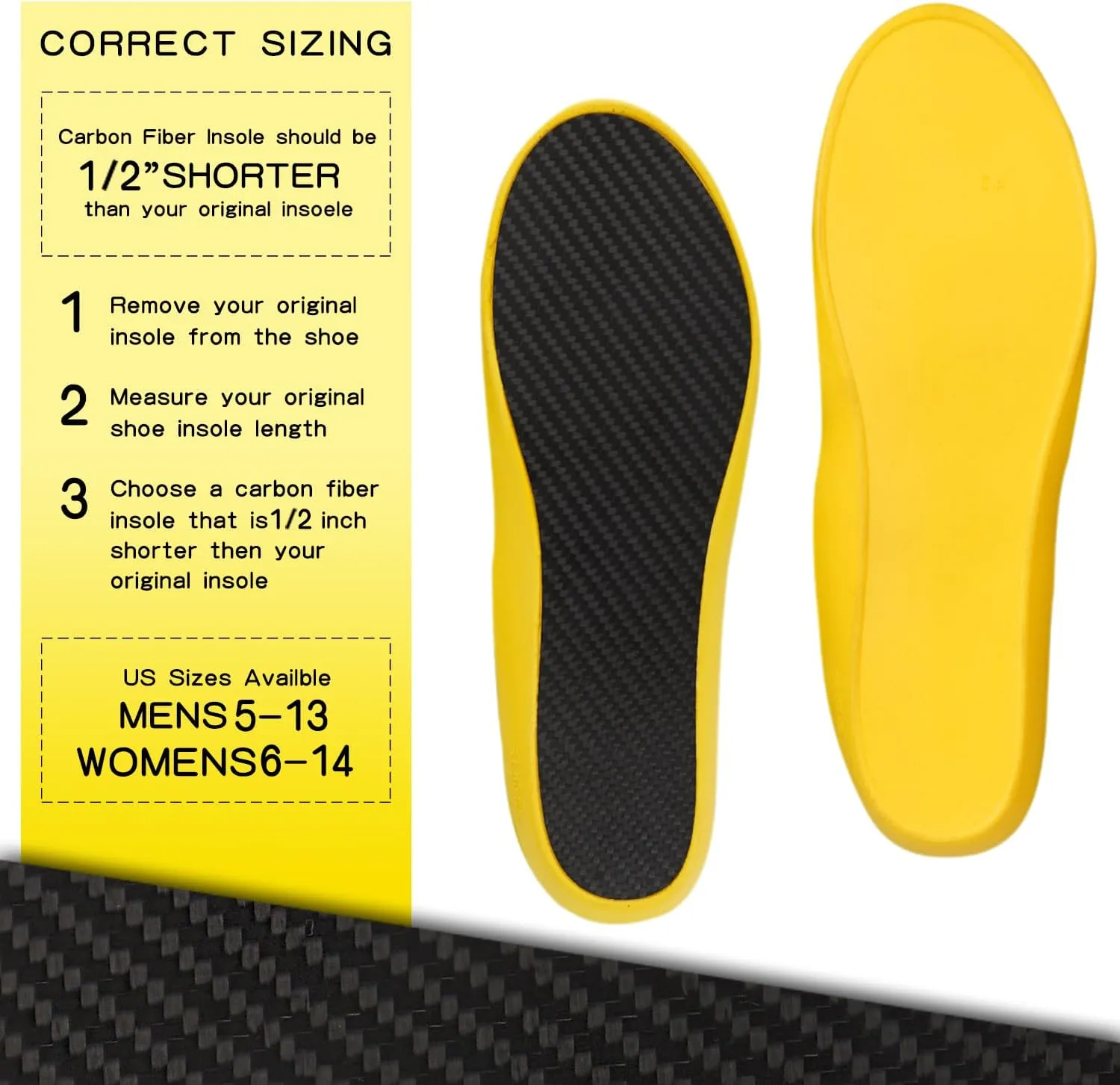 Carbon Fiber Sport Insole - 1 pc | Rigid Carbon Fiber Shoe Insert | Graphite Shoe Insert for Foot Pain, Arthritis, Hallux Rigidus, Turf Toe & Morton's Toe | Stiff Soles