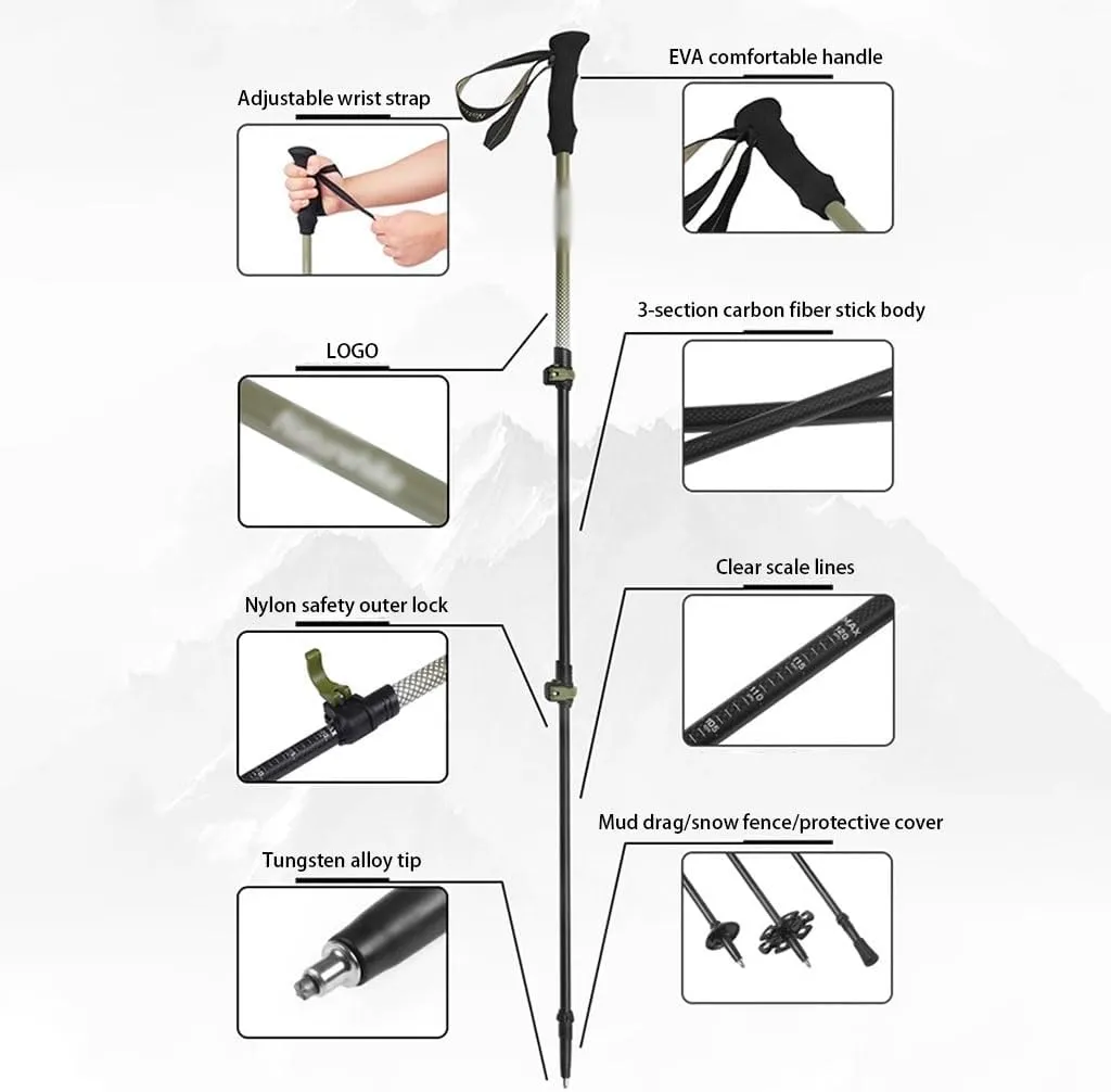 Carbon Fiber Ultralight Trekking Poles, Anti-Shock Mountaining Trail Poles, Tri-fold Design, Balance Support for Seniors, Women, and Men