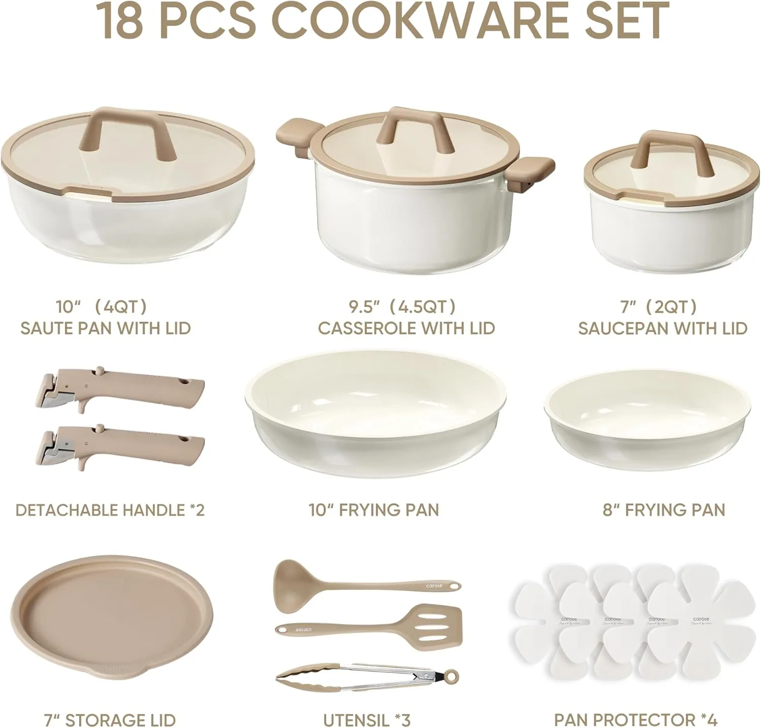 CAROTE 18pcs Ceramic Cookware Set, Pots and Pans Set, Induction Nonstick Kitchen Cookware Sets, Non Stick RV Set with Detachable Handle, Dishwasher/Oven Safe, Brown