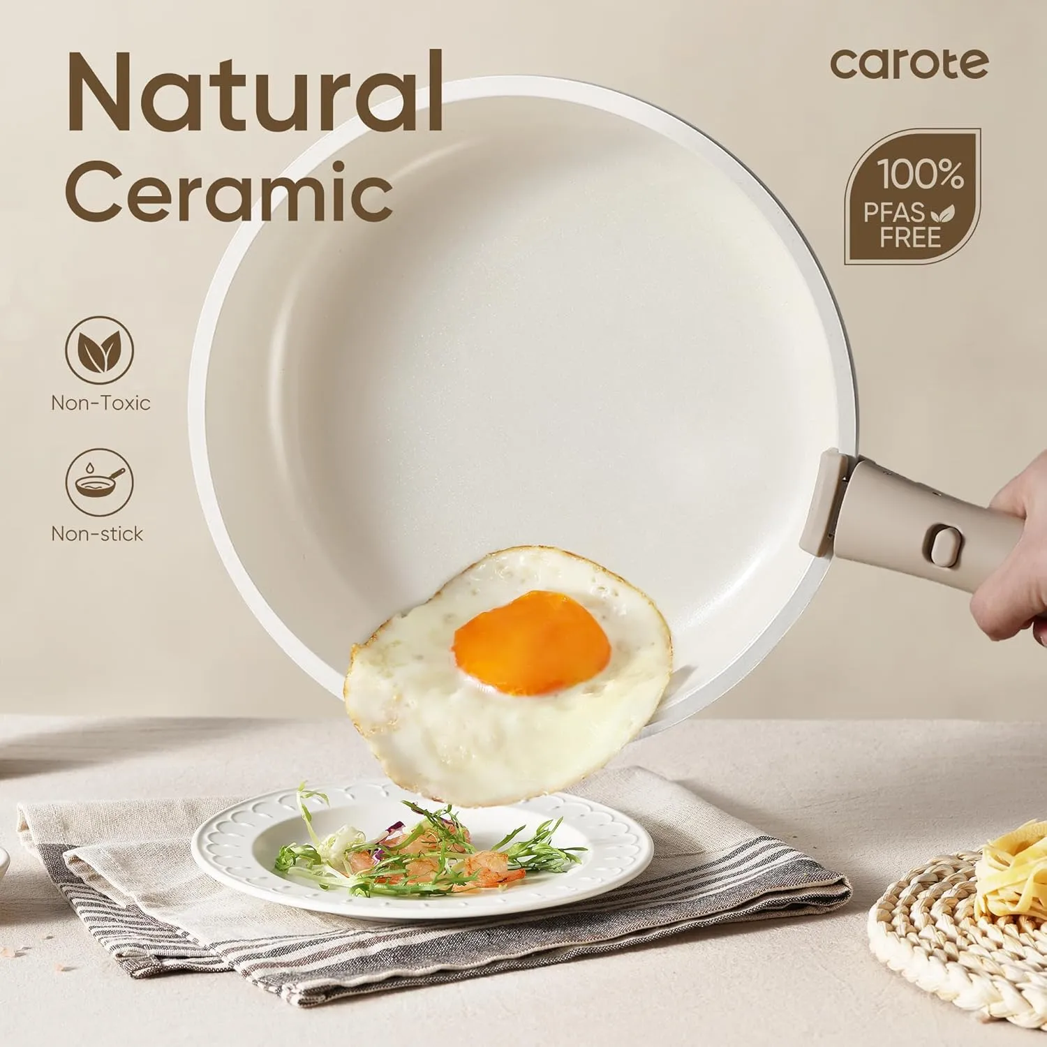 CAROTE 18pcs Ceramic Cookware Set, Pots and Pans Set, Induction Nonstick Kitchen Cookware Sets, Non Stick RV Set with Detachable Handle, Dishwasher/Oven Safe, Brown