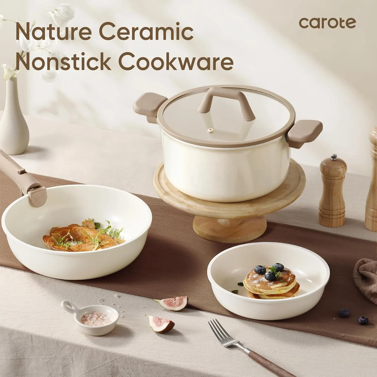 CAROTE 18pcs Ceramic Cookware Set, Pots and Pans Set, Induction Nonstick Kitchen Cookware Sets, Non Stick RV Set with Detachable Handle, Dishwasher/Oven Safe, Brown