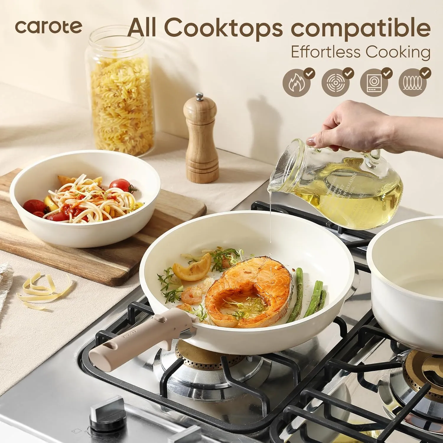 CAROTE 18pcs Ceramic Cookware Set, Pots and Pans Set, Induction Nonstick Kitchen Cookware Sets, Non Stick RV Set with Detachable Handle, Dishwasher/Oven Safe, Brown