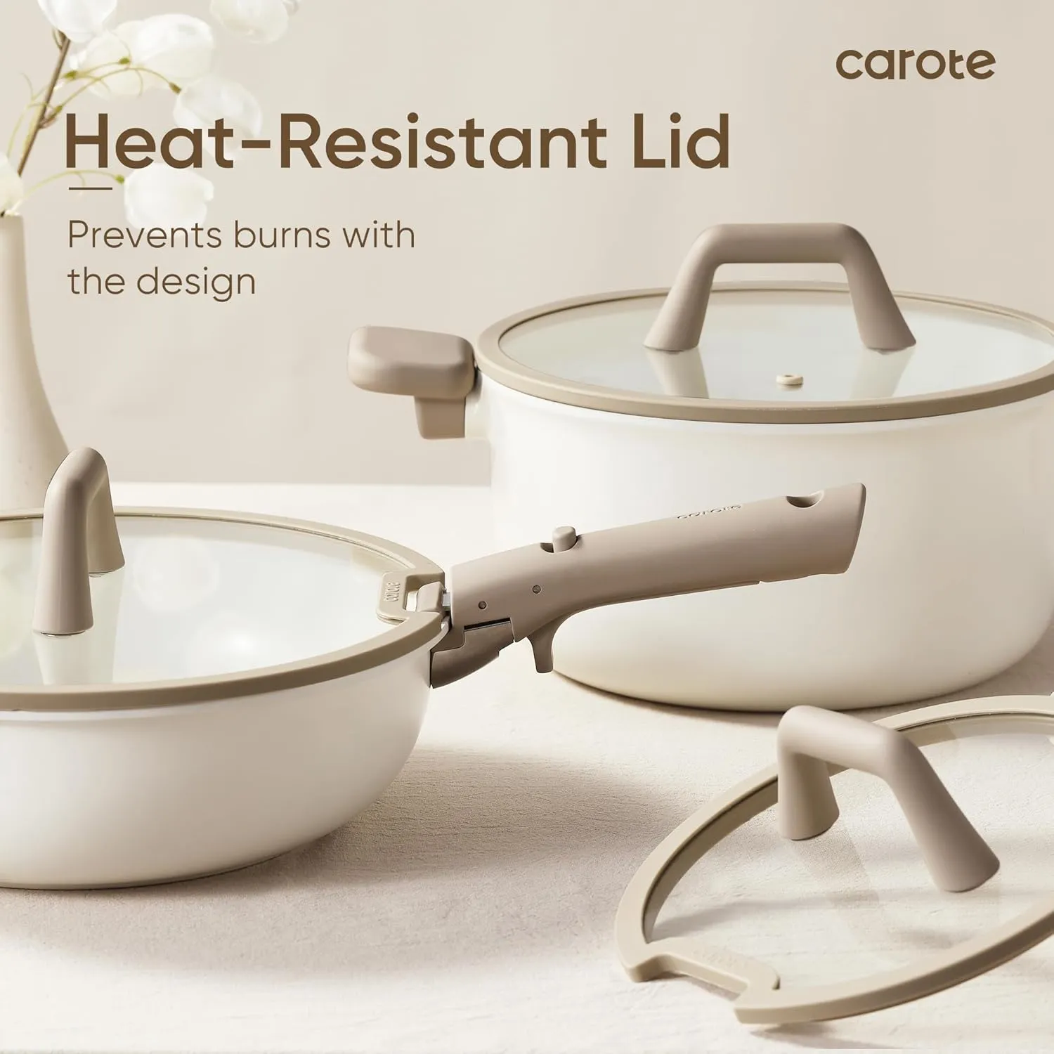 CAROTE 18pcs Ceramic Cookware Set, Pots and Pans Set, Induction Nonstick Kitchen Cookware Sets, Non Stick RV Set with Detachable Handle, Dishwasher/Oven Safe, Brown