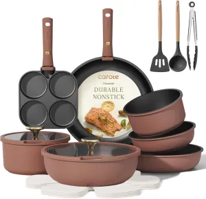 CAROTE 19pcs Pots and Pans Set, Nonstick Cookware Set Detachable Handle, Induction Kitchen Cookware Sets Non Stick with Removable Handle, RV Cookware Set, Gold and Burgandy