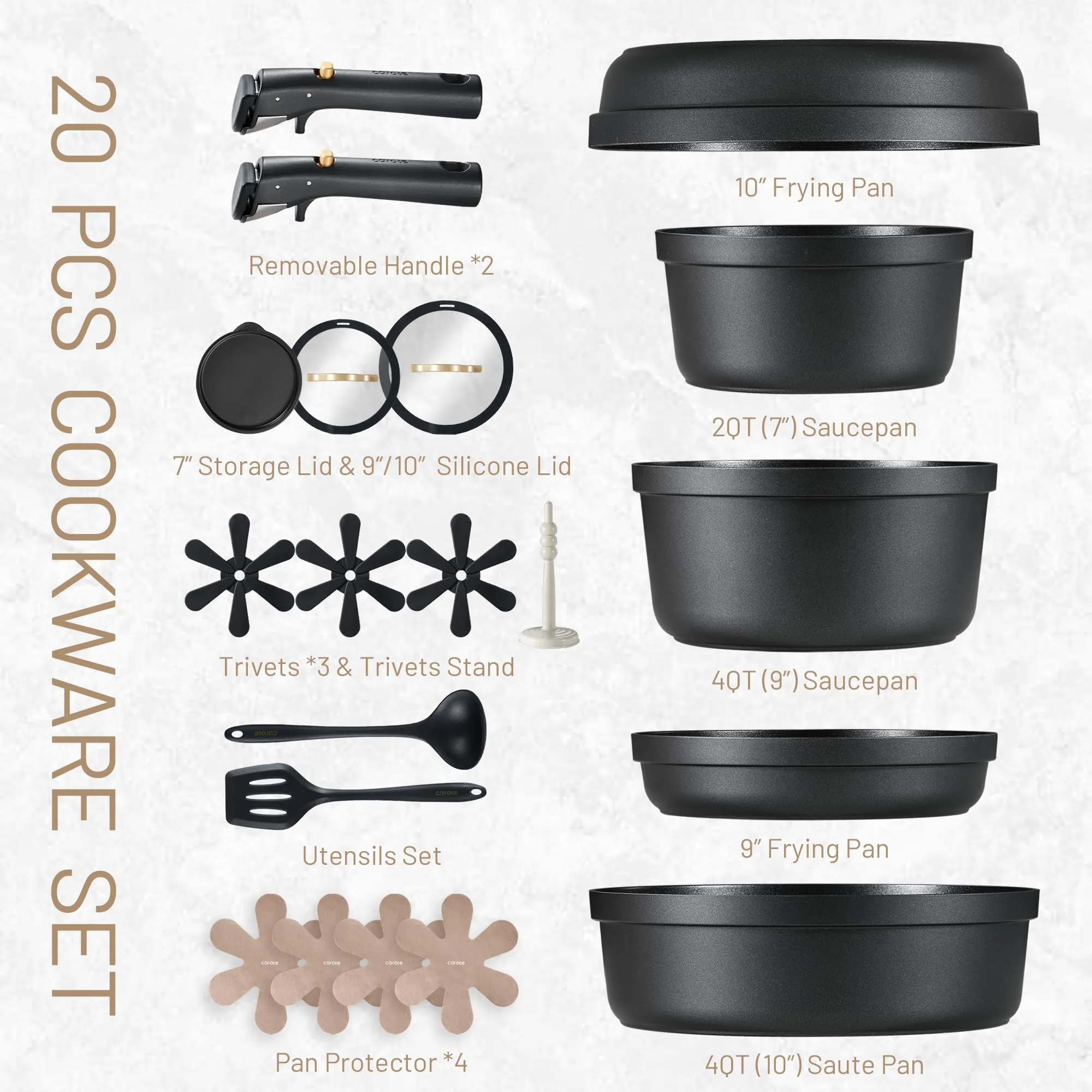 CAROTE 20pcs Pots and Pans Set Non Stick, Nonstick Cookware Set, Dishwasher/Oven/Fridge Safe Pots and Pans, Removable Handle RV Oven Safe Cookware, Induction Kitchen Set, Black