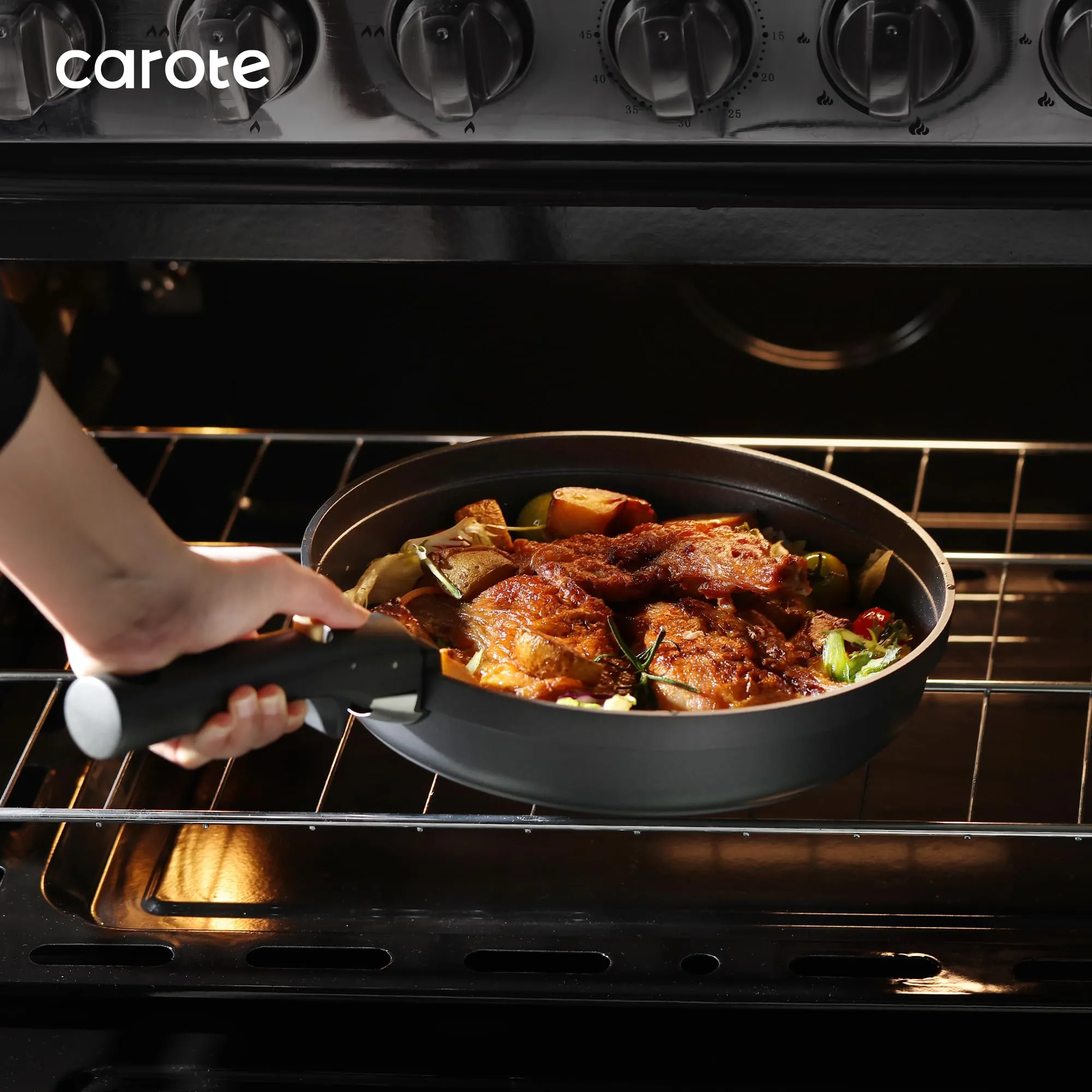 CAROTE 20pcs Pots and Pans Set Non Stick, Nonstick Cookware Set, Dishwasher/Oven/Fridge Safe Pots and Pans, Removable Handle RV Oven Safe Cookware, Induction Kitchen Set, Black