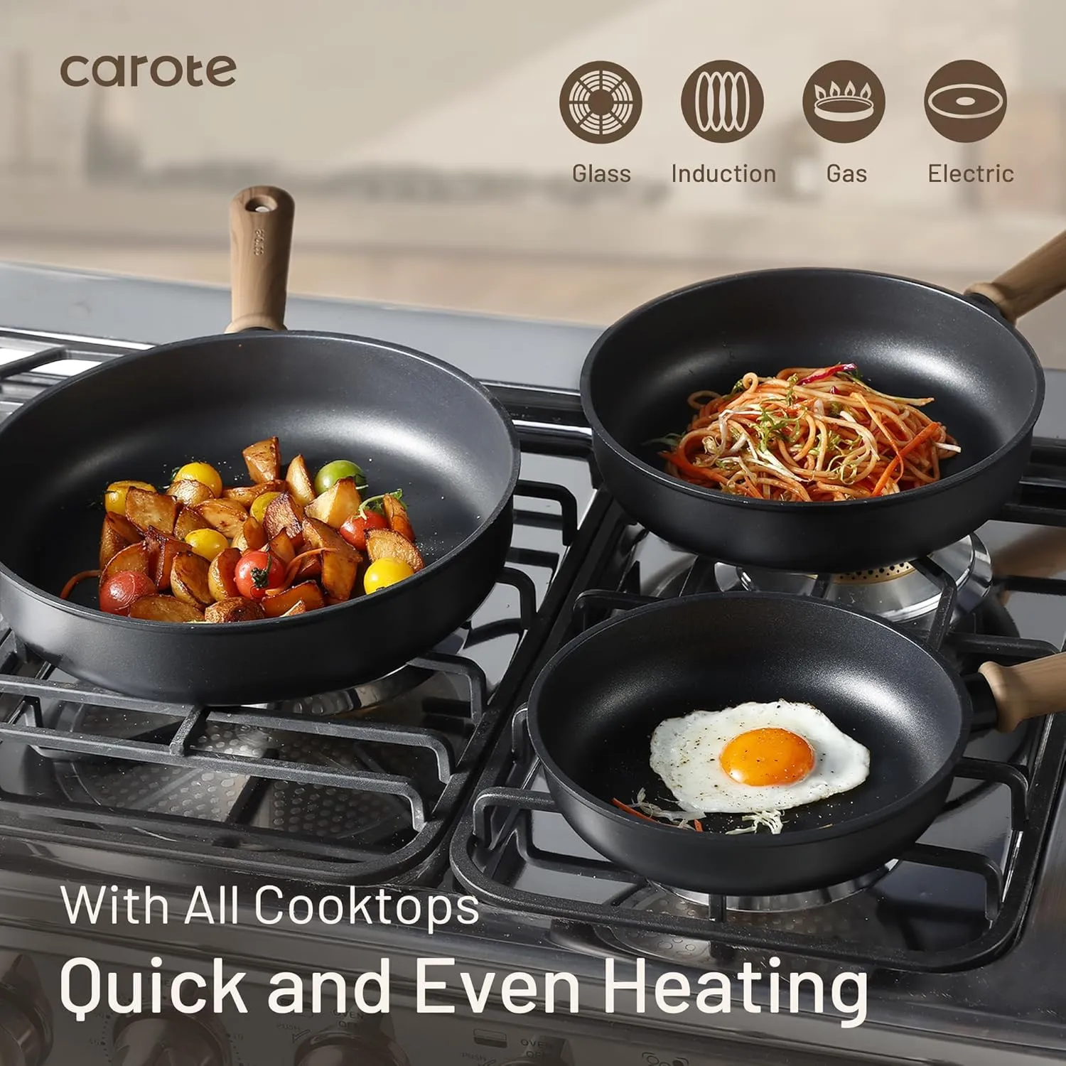 CAROTE Non Stick Frying Pans Sets 8 10 Inch Nonstick Skillet Titanium Induction Pan Nonstick Skillet Compatible with All Stovetops